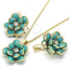 Oro Laminado Earring and Pendant Adult Set, Gold Filled Style Flower Design, with Turquoise and White Crystal, Polished, Golden Finish, 10.64.0158