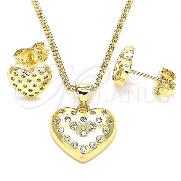 Oro Laminado Earring and Pendant Adult Set, Gold Filled Style Heart Design, with White Micro Pave, Polished, Golden Finish, 10.156.0291