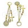 Oro Laminado Long Earring, Gold Filled Style Guadalupe and Cross Design, with White Crystal, Polished, Tricolor, 02.253.0068