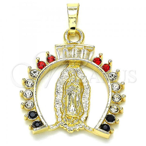 Oro Laminado Religious Pendant, Gold Filled Style Guadalupe Design, with White Cubic Zirconia and Multicolor Crystal, Polished, Golden Finish, 05.213.0059