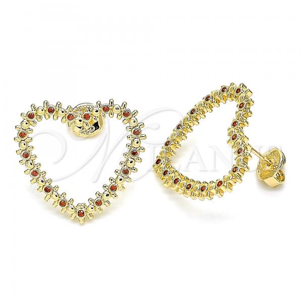 Oro Laminado Stud Earring, Gold Filled Style Heart Design, with Garnet Micro Pave, Polished, Golden Finish, 02.156.0439.2