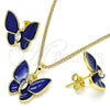 Oro Laminado Earring and Pendant Adult Set, Gold Filled Style Butterfly Design, with White Crystal, Blue Enamel Finish, Golden Finish, 10.379.0009.2