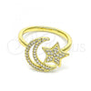 Oro Laminado Multi Stone Ring, Gold Filled Style Moon and Star Design, with White Micro Pave, Polished, Golden Finish, 01.341.0065
