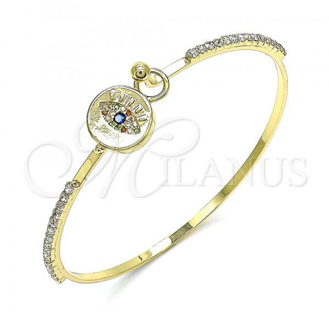 Oro Laminado Individual Bangle, Gold Filled Style Evil Eye Design, with Multicolor Micro Pave and White Crystal, Polished, Golden Finish, 07.193.0038.2.04