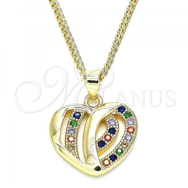 Oro Laminado Pendant Necklace, Gold Filled Style Heart Design, with Multicolor Micro Pave, Polished, Golden Finish, 04.94.0038.2.20