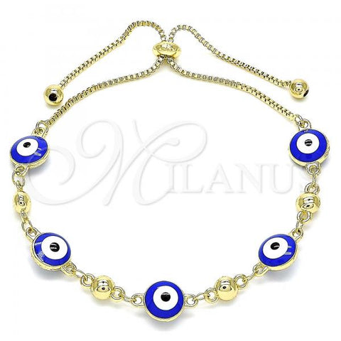 Oro Laminado Adjustable Bolo Bracelet, Gold Filled Style Evil Eye Design, Blue Enamel Finish, Golden Finish, 03.213.0130.1.10