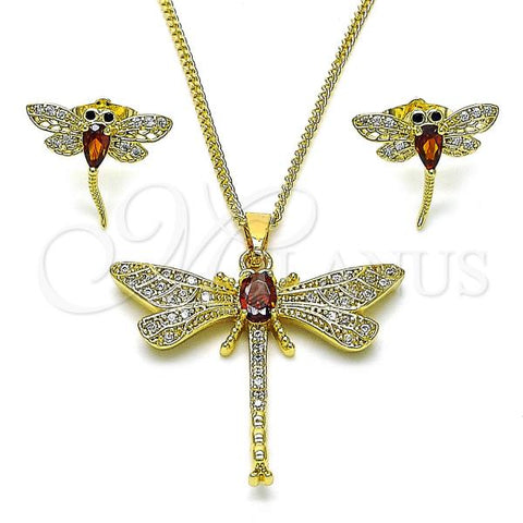 Oro Laminado Earring and Pendant Adult Set, Gold Filled Style Dragon-Fly Design, with Garnet Cubic Zirconia and White Micro Pave, Polished, Golden Finish, 10.284.0039