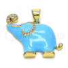 Oro Laminado Fancy Pendant, Gold Filled Style Elephant Design, with White Micro Pave, Light Blue Enamel Finish, Golden Finish, 05.362.0003.4