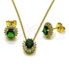 Oro Laminado Earring and Pendant Adult Set, Gold Filled Style Cluster Design, with Green and White Cubic Zirconia, Polished, Golden Finish, 10.156.0520.1