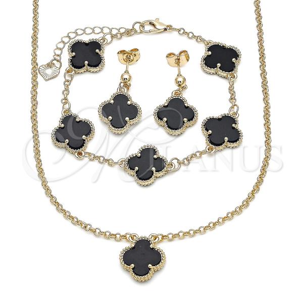 Oro Laminado Necklace, Bracelet and Earring, Gold Filled Style Four-leaf Clover and Rolo Design, with Black Mother of Pearl, Polished, Golden Finish, 06.414.0003.1