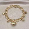 Oro Laminado Charm Bracelet, Gold Filled Style Rolo and Heart Design, Polished, Golden Finish, 03.331.0252.09