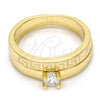 Oro Laminado Wedding Ring, Gold Filled Style Greek Key and Duo Design, with White Cubic Zirconia, Polished, Golden Finish, 01.99.0045.09 (Size 9)