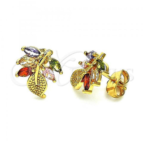 Oro Laminado Stud Earring, Gold Filled Style Leaf Design, with Multicolor Cubic Zirconia, Polished, Golden Finish, 02.387.0082.1