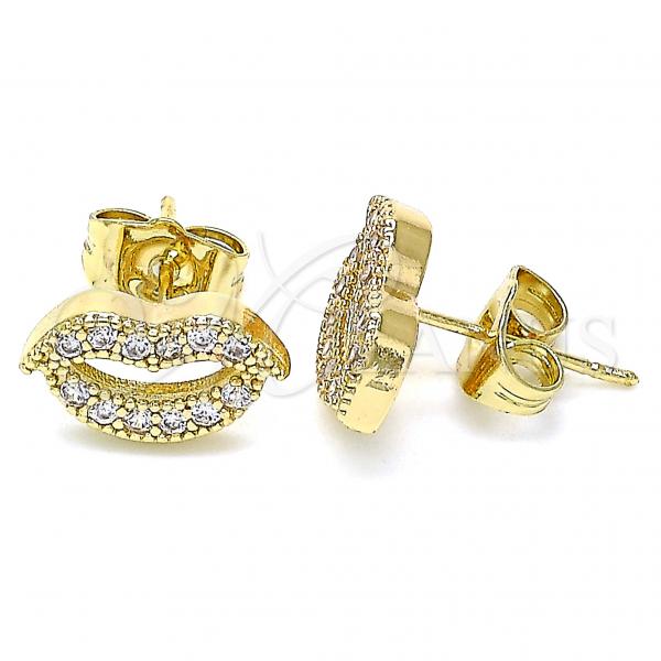 Oro Laminado Stud Earring, Gold Filled Style Lips Design, with White Micro Pave, Polished, Golden Finish, 02.210.0400