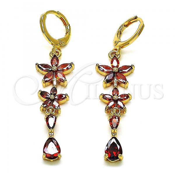 Oro Laminado Long Earring, Gold Filled Style Flower and Teardrop Design, with Garnet Cubic Zirconia, Polished, Golden Finish, 02.210.0825.2