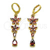 Oro Laminado Long Earring, Gold Filled Style Flower and Teardrop Design, with Garnet Cubic Zirconia, Polished, Golden Finish, 02.210.0825.2