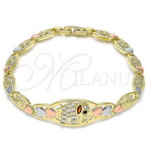 Oro Laminado Fancy Bracelet, Gold Filled Style Elephant and Heart Design, with Garnet and White Cubic Zirconia, Polished, Tricolor, 03.380.0105.07