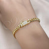 Oro Laminado Basic Bracelet, Gold Filled Style Miami Cuban Design, with White Micro Pave, Polished, Golden Finish, 04.213.0303.08