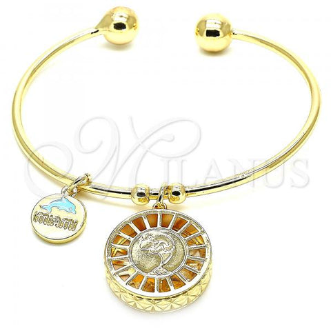 Oro Laminado Individual Bangle, Gold Filled Style Dolphin Design, with White Cubic Zirconia, Diamond Cutting Finish, Golden Finish, 07.106.0006 (02 MM Thickness, One size fits all)