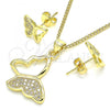 Oro Laminado Earring and Pendant Adult Set, Gold Filled Style Butterfly Design, with White Micro Pave, Polished, Golden Finish, 10.156.0266
