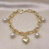 Oro Laminado Charm Bracelet, Gold Filled Style Chunky and Ball Design, with Ivory Pearl and White Cubic Zirconia, Polished, Golden Finish, 03.331.0258.08