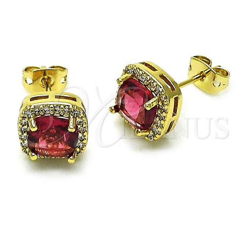 Oro Laminado Stud Earring, Gold Filled Style Cluster Design, with Ruby Cubic Zirconia and White Micro Pave, Polished, Golden Finish, 02.342.0340