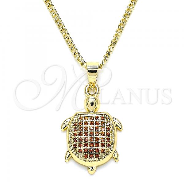 Oro Laminado Pendant Necklace, Gold Filled Style Turtle Design, with Garnet Micro Pave, Polished, Golden Finish, 04.344.0025.1.20