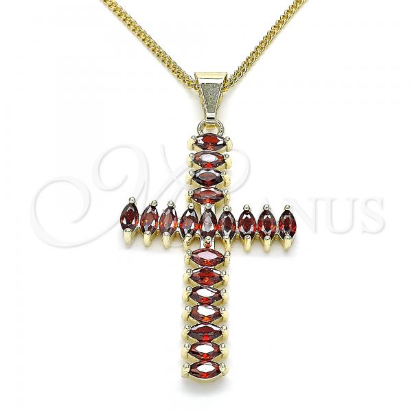 Oro Laminado Pendant Necklace, Gold Filled Style Cross Design, with Garnet Cubic Zirconia, Polished, Golden Finish, 04.284.0028.1.20