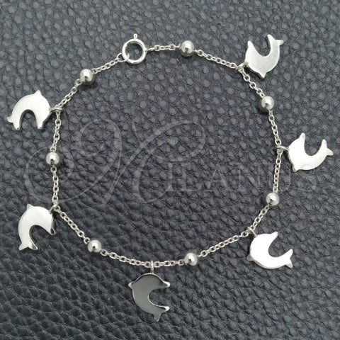 Sterling Silver Charm Bracelet, Dolphin and Rolo Design, Polished, Silver Finish, 03.395.0010.07