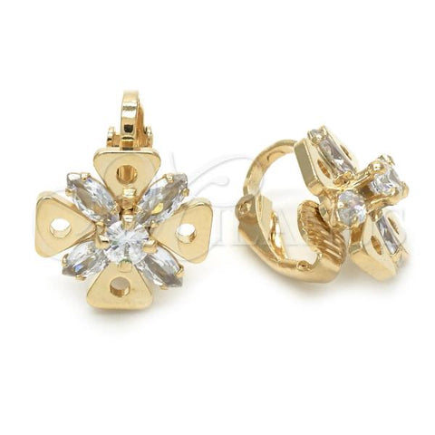 Oro Laminado Leverback Earring, Gold Filled Style Flower Design, with White Cubic Zirconia, Polished, Golden Finish, 02.09.0158