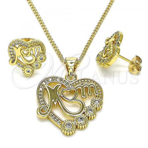 Oro Laminado Earring and Pendant Adult Set, Gold Filled Style Mom and Heart Design, with White Micro Pave, Polished, Golden Finish, 10.342.0051