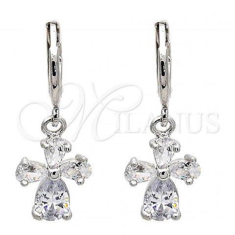 Rhodium Plated Dangle Earring, Flower and Teardrop Design, with White Cubic Zirconia, Polished, Rhodium Finish, 02.217.0057.2