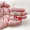 Oro Laminado Dangle Earring, Gold Filled Style Cherry Design, with White Micro Pave, Red Enamel Finish, Golden Finish, 02.417.0006