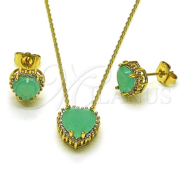 Oro Laminado Earring and Pendant Adult Set, Gold Filled Style Heart and Cluster Design, with Turquoise Cubic Zirconia and White Micro Pave, Polished, Golden Finish, 10.156.0526