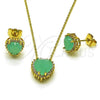 Oro Laminado Earring and Pendant Adult Set, Gold Filled Style Heart and Cluster Design, with Turquoise Cubic Zirconia and White Micro Pave, Polished, Golden Finish, 10.156.0526