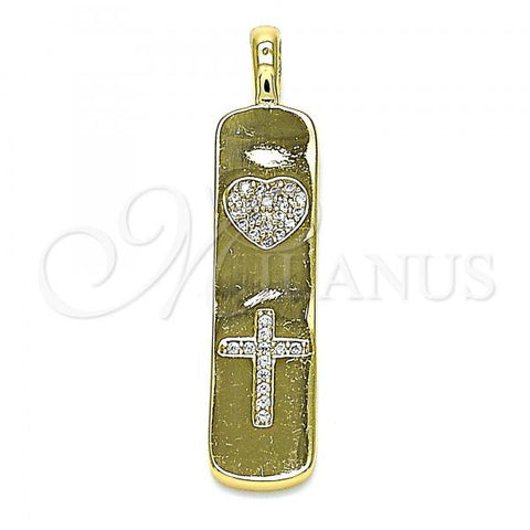 Oro Laminado Fancy Pendant, Gold Filled Style Heart and Cross Design, with White Micro Pave, Polished, Golden Finish, 05.342.0041