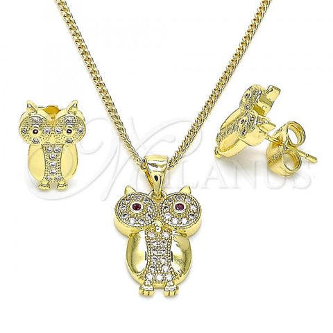 Oro Laminado Earring and Pendant Adult Set, Gold Filled Style Owl Design, with Ruby Cubic Zirconia and White Micro Pave, Polished, Golden Finish, 10.156.0392