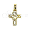 Oro Laminado Religious Pendant, Gold Filled Style Cross and Guadalupe Design, Polished, Golden Finish, 05.63.1170