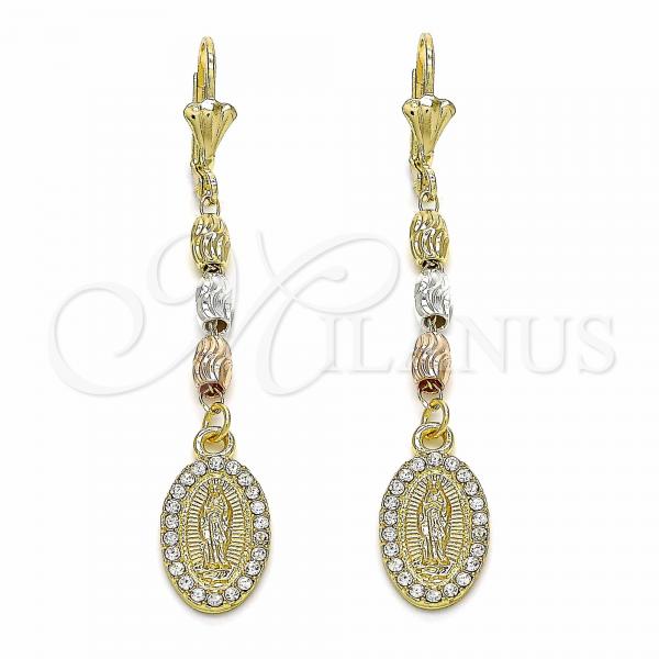 Oro Laminado Long Earring, Gold Filled Style Guadalupe Design, with White Crystal, Polished, Tricolor, 02.351.0032