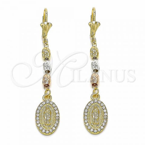Oro Laminado Long Earring, Gold Filled Style Guadalupe Design, with White Crystal, Polished, Tricolor, 02.351.0032