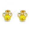 Oro Laminado Stud Earring, Gold Filled Style Heart and Teardrop Design, with Yellow Cubic Zirconia, Polished, Golden Finish, 02.213.0231