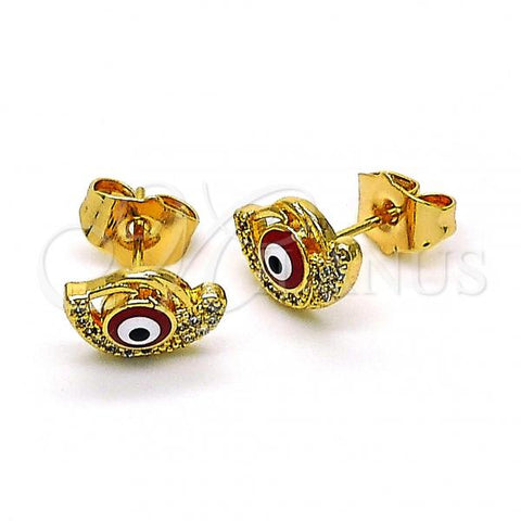 Oro Laminado Stud Earring, Gold Filled Style Evil Eye Design, with White Micro Pave, Red Enamel Finish, Golden Finish, 02.310.0104