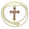 Oro Laminado Pendant Necklace, Gold Filled Style Cross Design, with Garnet Cubic Zirconia, Polished, Golden Finish, 04.284.0027.1.20