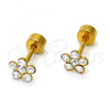 Stainless Steel Stud Earring, Flower Design, with White Crystal, Polished, Golden Finish, 02.271.0005