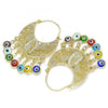 Oro Laminado Long Earring, Gold Filled Style Guadalupe and Evil Eye Design, Multicolor Resin Finish, Golden Finish, 02.380.0056