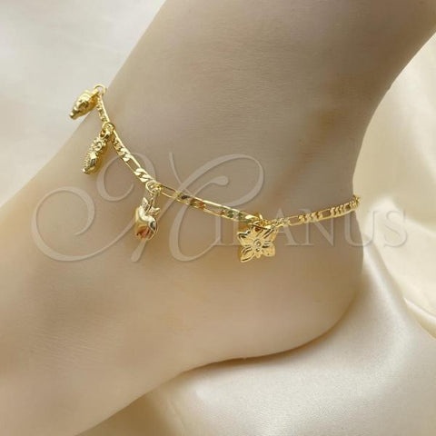 Oro Laminado Charm Anklet , Gold Filled Style Elephant and Shell Design, Polished, Golden Finish, 03.32.0606.10