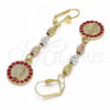 Oro Laminado Long Earring, Gold Filled Style Guadalupe Design, with Garnet Crystal, Diamond Cutting Finish, Tricolor, 02.351.0028