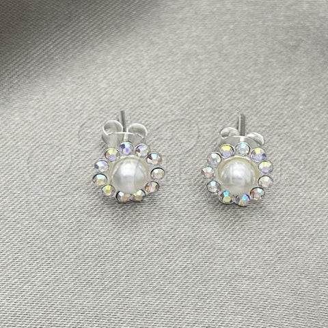 Sterling Silver Stud Earring, Flower Design, with White Crystal, Polished, Silver Finish, 02.406.0018.03
