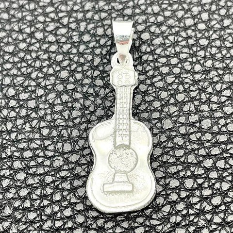 Sterling Silver Fancy Pendant, Guitar Design, Polished, Silver Finish, 05.392.0077