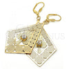 Oro Laminado Dangle Earring, Gold Filled Style Flower Design, with White Crystal, Polished, Golden Finish, 60.004